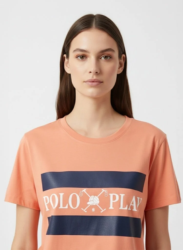 لعب البولو تيشيرت نسائي برسومات برتقالي